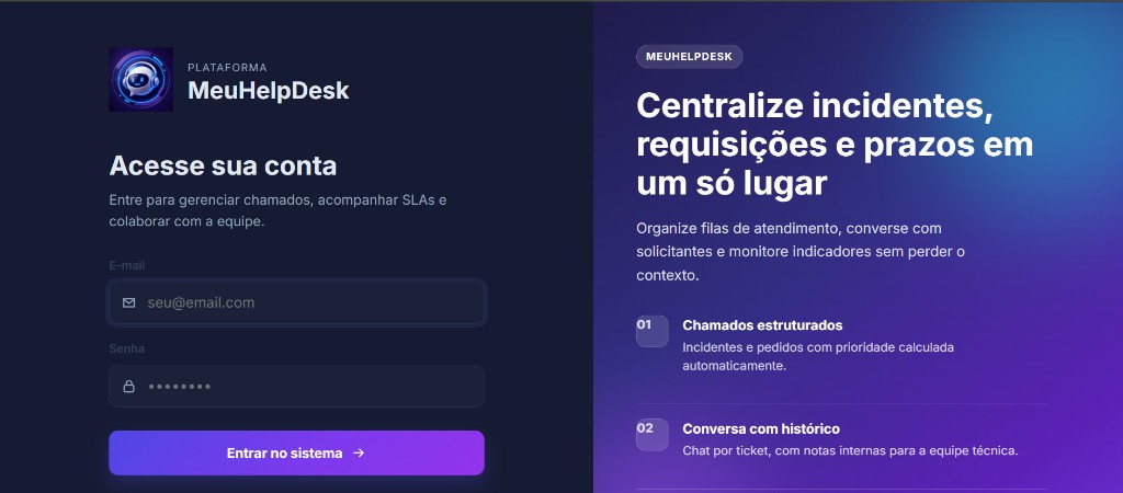 Tela de login do MeuHelpDesk — plataforma para abrir e acompanhar chamados de suporte técnico
